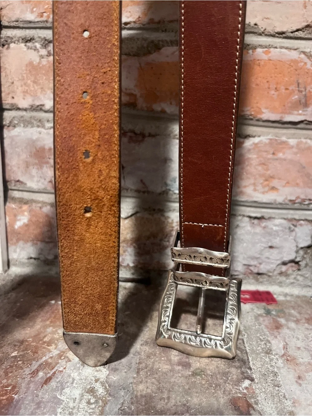 Brown Leather Brighton Belt with Engraved Silver Buckle 26